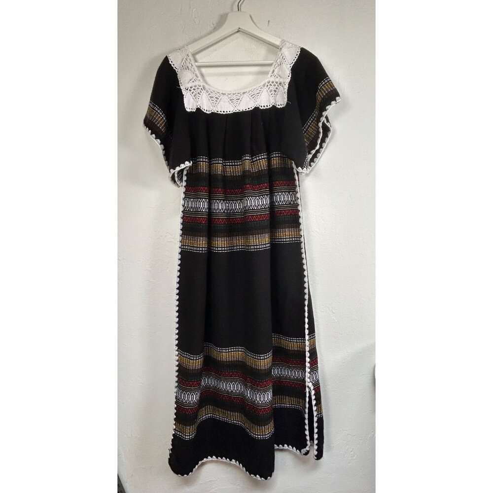 Women's Handmade Peruvian Ethnic Maxi Dress Black Multicolor Boho Folk Style